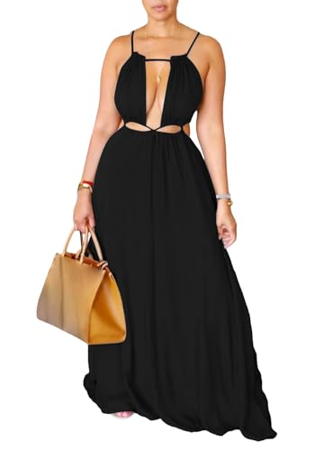 Image of Unybwonn Womens Summer Dress Spaghetti Strap Halter Sleeveless Sexy Cutout Boho Maxi Sundress Beach Vacation Dresses