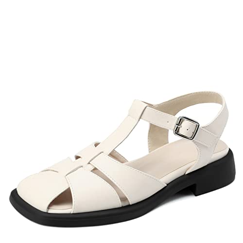 LYYSKY Womens Fashion 3CM Low Heels Square Toe Maid D'Orsay Single Shoes Concise T-Strap Mary Jane Shoes Princess Pumps Black Off White Apricot Size 4-10