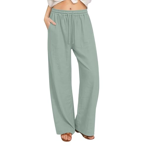 RLEHJN Pantalon en Lin Femme Pantalon Large Et Fluide Femme Été Leger Pantalons Detente Taille Elastique Pantalons De Jogging Ample Bas Large Pants Confortable Couleur Unie pour Plage Sport