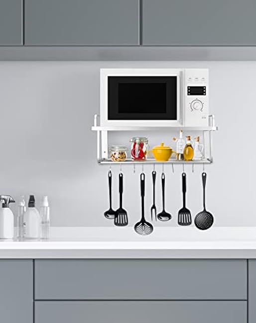 QWORK Microwave Oven Rack Shelf, Wall Mount Electric Oven Holders, Aluminum Double-Layer Microwave & Spice Rack, 2 Shelves with 10 Hooks, Support Load 88lbs, 21.65x15x9.84