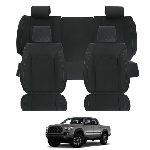 ROCCS Fit for 2016-2023 Toyota Tacoma Leather Seat Covers 5 Seats Full Set Tacoma Seat Cover Double & Crew Cab SR SR5 Limited TRD Sport/Pro/Off Road Airbag Compatible Waterproof Black
