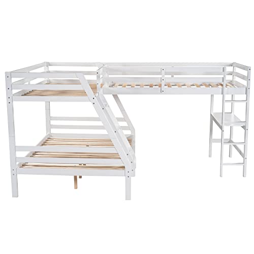 L Shaped Triple Bunk Bed For 3, Twin Over Full Bunk Bed And Twin Size Loft Bed With Built-In Desk, Wooden Bunk Bed Frame For Kids Teens Adults, White #TOP5