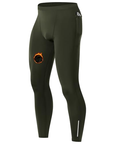 Moozava Mens Thermal Pants with Pockets Fleece Lined Compression Leggings Athletic Base Layer Underwear Bottoms Sports Tights Army Green S