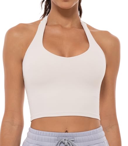 Lavento Women's V-Neck Halter Sports Bra Longline Padded Yoga Crop Bras Top (Off White, 10)