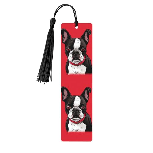 5ピース 木製しおり メンズ レディース ボストンテリア 犬 レッド 木製 しおり ユニークなハンドメイド ブックマーク タッセル付きペンダント クラフトブックマーク ブック愛好家 誕生日 先生へのギフトに