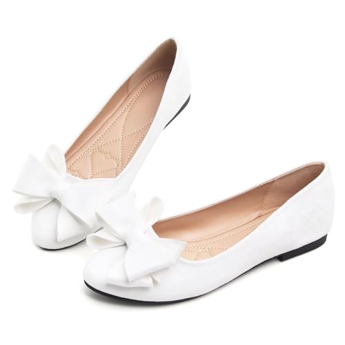 WENJIAZHIZHI Women's Round Toe Bow-Knot Flats Solid Color Slip-ons Cute Comfortable Ballerina Shoes White Size 9.5 5