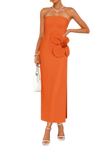 ZESICA Womens Summer Cocktail Strapless Bodycon Maxi Dress,Solid Orange,S