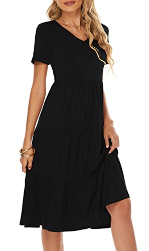 Berydress Women's Summer Dresses Short Sleeve V-Neck Midi Dress Solid Loose Fit Flowy Babydoll Long Pleated Dress (S, 6175-Black) #TOP5