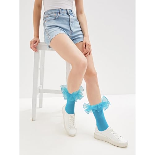 Image of Women Big Ruffle Ankle Socks Adult Double Lace Frilly Turn Cuff Dress Socks Cotton Cute Fancy Bobby Crew Socks