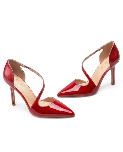 Image of Women's Pointed Toe High Heel Pumps, Elegant Asymmetric Cross Strap D'Orsay Stiletto Strappy Heels, Glossy Patent Dress Shoes for Wedding, Party, and Office