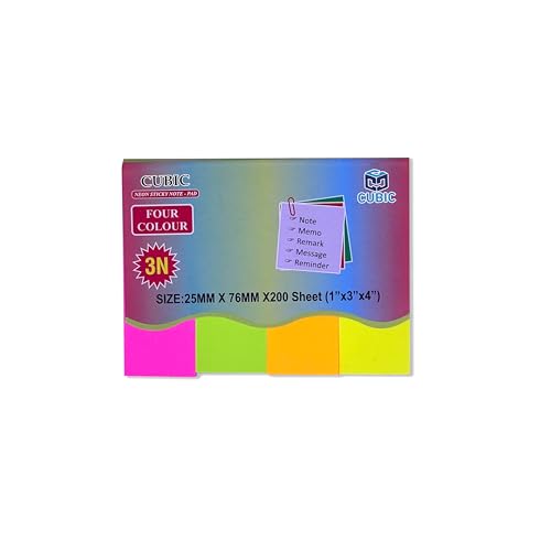Image of Cubic Neon Sticky Notes - 4 Fluorescent Colours| Pack of 2 | 2.5cm x 7.5cm, 200 Sheets (1 inch x 3 inch) - Eye-Catching Self-Adhesive Page Markers for Notes | Reminders| Bookmarking & Office Use