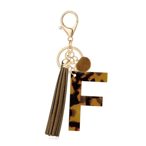 OKAICEN Brown Faux Tortoiseshell Pattern Initial Letter 'F' Keychain for Women Girls, Leopard Print Acrylic Alphabet Key Ring with Tassel & Pom Pom, Bag Charm for Car Keys Handbag Backpack Purse