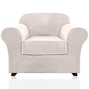 Real Velvet Stretch Chair Covers 2 Piece Armchair Cover Slipcovers – Include Base Cover and Cushion Cover – Sofa Covers Couch Covers 1 Seater Chair Slip Cover, Feature Thick Soft Velour, Ivory