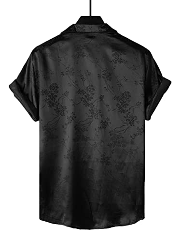 Oyoangle Men's Satin Floral Print Button Down Front Lapel Collar Solid Short Sleeve Shirt Black L #TOP1