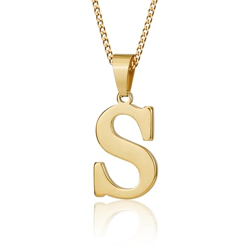 Suweibuke Initial Necklace for Men Women Boys Girls, 18K Gold Plated 26 Letters Pendant Necklace, Personalized Jewelry Gifts (Gold-S)