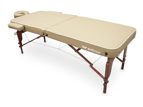 QUIRUMED Camilla Plegable de Madera WELLCORE para Masaje y SPA, Color Beige, 185 x 70 cm, Altura Regulable, con Cabezal, Reposabrazos y Bolsa de Transporte, Camilla Portátil Profesional