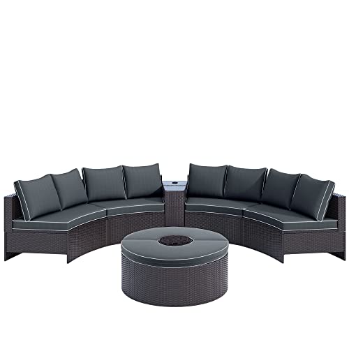 Yswh Outdoor Patio Wicker Rattan Furniture Half-Moon Sectional Sofa Sets With Cushions, Lidded Box Round Table And Storage Side Table With Umbrella Hole #TOP2