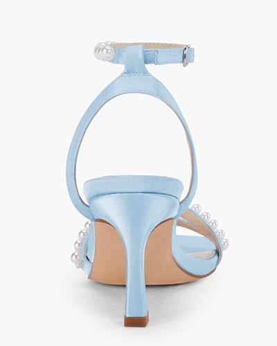 Image of Coutgo Womens Pearl Kitten Heels Sandals Square Open Toe Dress Sandals Ankle Strap Satin Wedding Party Summer Sandals