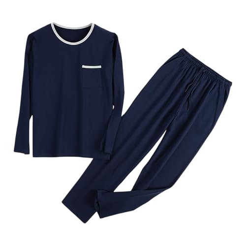 Eauptffy Men's Pyjamas Long Pyjama Set Cuddly Sleepwear Plain Leisure Suit Soft Warm Long Sleeve Sleepwear and Pyjama Bottoms 2-Piece Loungewear Set with Chest Pocket, O Navy, L