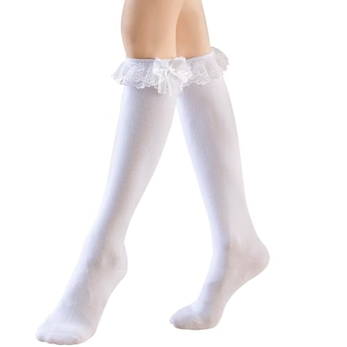 Image of AMHRLINGTO Women's Lace Ruffle Frilly Ankle Socks - Girl Cotton Knee High Socks with Bow Lace Ruffle Trim