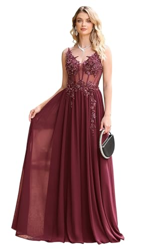 Misshow Luxuriöses Abendkleid für Zeremonie, lang, Pailletten, Perlen, mit Applikationen aus floralem Chiffon, bordeaux, 40 Misshow Luxuriöses Abendkleid für Zeremonie, lang, Pailletten, Perlen, mit Applikationen aus floralem Chiffon, bordeaux, 40