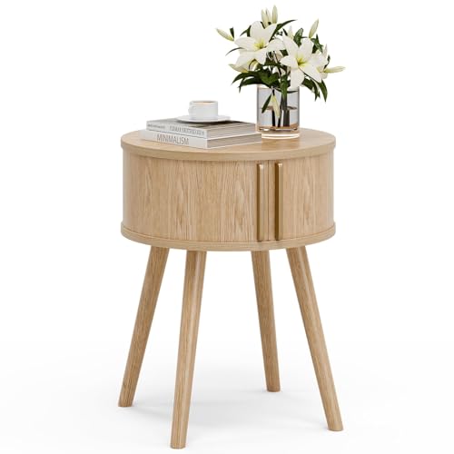 Image of Round Side Table with Sliding Doors, Modern End Table, Natural | 15.7 inchD x 20.5 inchH, Wood tapered legs, 33 lb capacity, ~30 min assembly