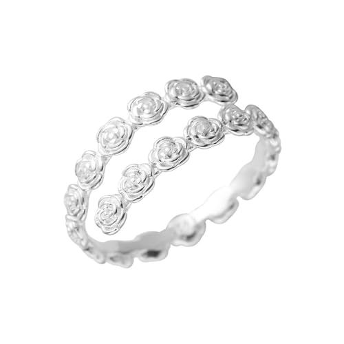 Dtja Cute Flower Stacking Statement Ring for Women 925 Sterling Silver Promise Engagement Adjustable Rose Camellia Open Wrap Finger Rings Comfort Fit Boho Holiday Valentine Wedding Jewelry