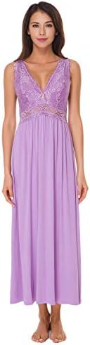 Womens Sleepwear Lace Lingerie Chemises V Neck Nightgown Long Sexy Sleep Dress Sleeveless Lace for Women Elegant (Lavender, XXL)