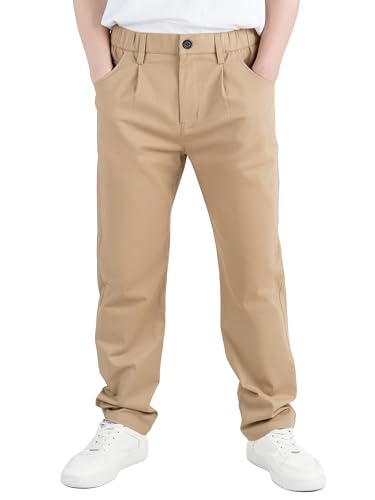 CAMLAKEE Kinder Chinohose Jungen Chino Stoff Hose mit Gummizug Reißverschluss Straight Fit Jungshose Dunkelkhaki DE: 140-146 (Herstellergröße 140)