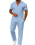 UOUA Herren Sommer 2-teiliges Set Kurzarm Hemd & lockere Hose Lässiges Strandurlaub-Outfit mit Streifen-Optik in Hellblau XL