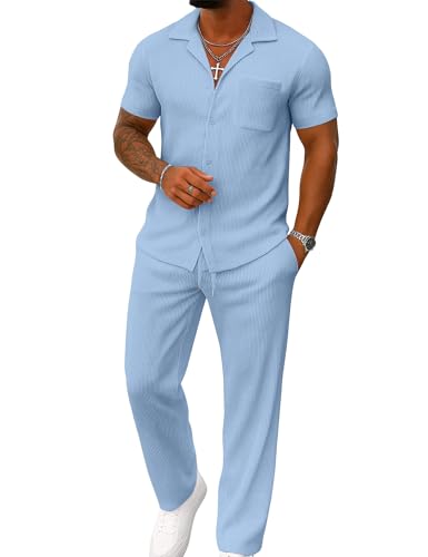UOUA Men's 2 Piece Outfit Casual Short Sleeve Button Down