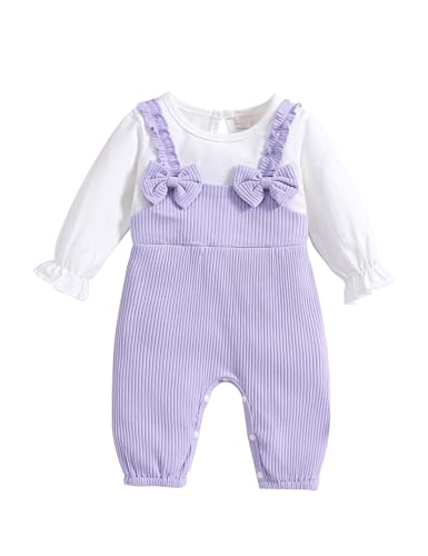 Refein Neugeborenes Baby Mädchen Strampler Kleidung Rüschen Langarm Bodysuit Baumwolle gerippt Bow Jumpsuit Onesie Outfit Set