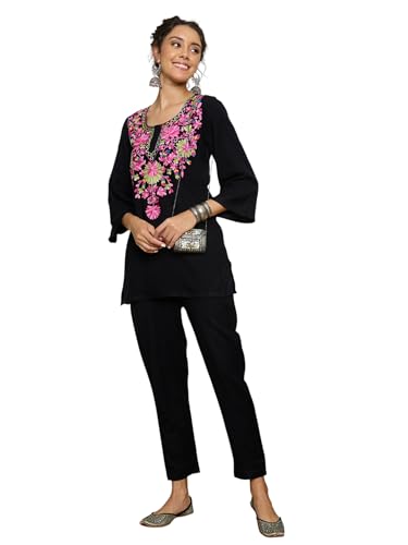 Image of Women Woollen Embroidered Round Neck Short Kurta With Pencil Pants
