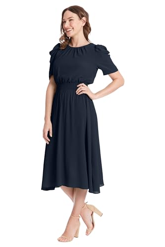 Image of London Times Women's Caterpillar Puff Sleeve Midi Dress - Gathered Waist A-Line Flowy Summer Dress