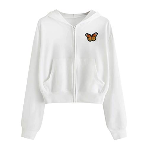 VLOJELRY Womens Butterfly Long Sleeve Casual Hoodies Patchwork Pocket Sweatshirt Crop Top Zip Up Pullover White