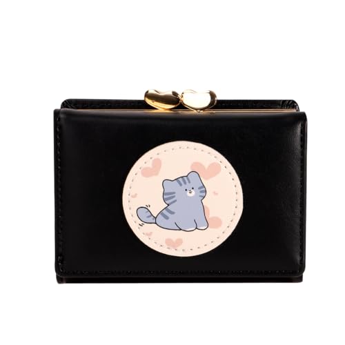 Image of Valerie Cute Small Wallets Clutch for Teen Girl Women PU Leather Trifold Small Wallet Cash Pocket 3D Buckle Card Holder Coin Purse with ID Window for Girls Women (Black Cat)