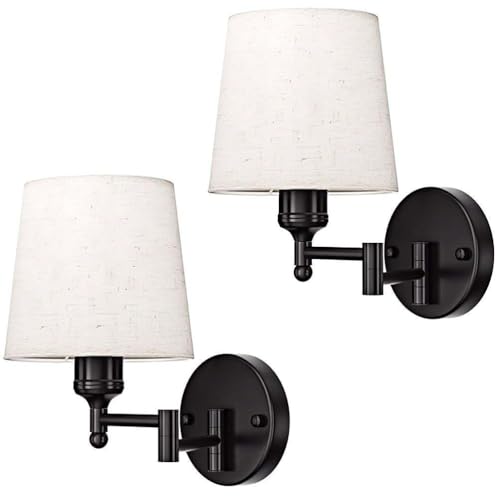 Aplique de Pared de Interior E27 Ajustable de Metal Negro con Pantalla de Tela Blanca, Brazo Giratorio Extensible, para Restaurante, Dormitorio, Sala de Estar y Estudio.