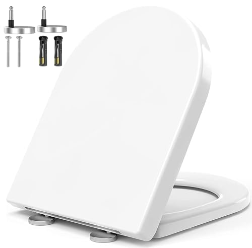 MUJIUSHI Soft Close Toilet Seat Toilet Seats with Quick Release Simple Top Fixing Sturdy Anti-Bacterial Toilet Seats with Stainless Adjustable Stainless Hinges D/U Shape White Toilet Lid Loo Seat