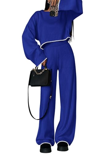 PRETTYGARDEN Women\'s 2 Piece Fall Outfits Long Sleeve Crop Top Wide Leg Pants Knit Pullover Sweater Lounge Set (Royal Blue,Large)