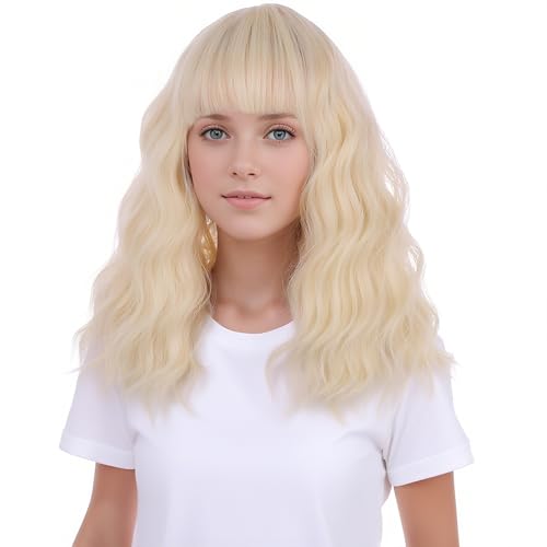 Light Blonde Wig for Kids Girls Short Curly Wavy Wigs with Air Bangs Child Blonde Synthetic Hair Wigs for Daily Halloween Use