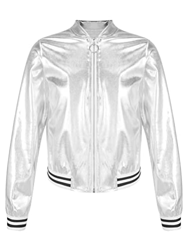 Aislor Kids Girls Shiny Baseball Jacket Long Sleeve Sparkle Metallic Zipper Bomber Jacket Coat Outerwear Clubwear3