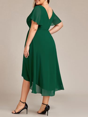 Image of Ever-Pretty Plus Summer Short Sleeves V-Neck Formal Wedding Guest Dresses for Curvy Women Chiffon Midi Cocktail Party Dress