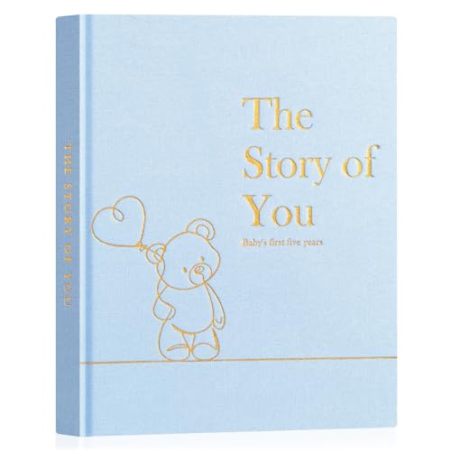 Lanpn Baby Memory Book for Boy Girl - The Story of You, Newborn Babys Keepsake Book Photo Album for New Parents, Linen Cover Baby First 5 Year Milestone Journal Scrapbook (Blue, 154 Pages)