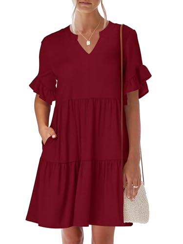 Image of ANRABESS Women's Summer Casual Dress, V-Neck Ruffle Sleeve Tiered Mini Dress, Soft Comfy Fabric with Pockets for All-Day Wear