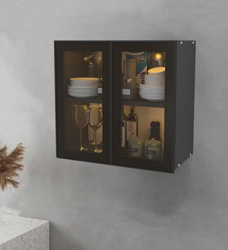 Image of SPECIALITY PANELS Aluminium Black Profile 2 Door Wall Cabinet | Brown Tinted Glass Handless Shutters | Wall Mounted Kitchen Storage Cupboard | Modern Space Saving Organizer | DIY Assembly