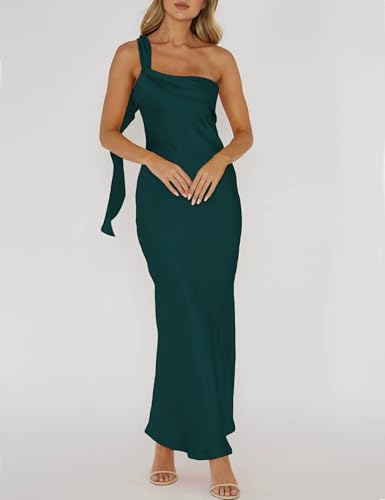 Image of 2026 Satin One Shoulder Maxi Dress for Women Summer Silk Formal Elegant Backless Ruffle Sleeveless Wedding Guest Dresses