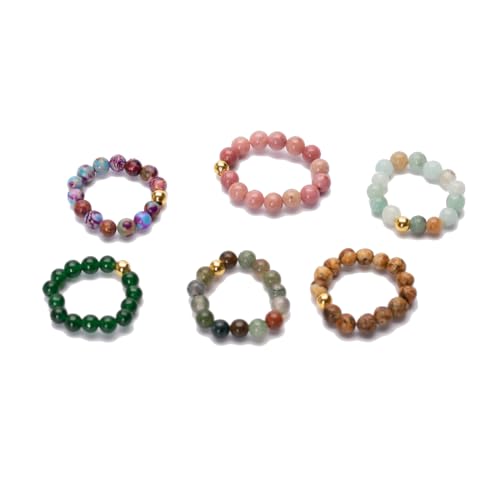 6pcs Natural Gemstone Beads Elasticity Finger Rings Set 4mm Stone Copper Beads Elastic Rings Jewelry for Women Men