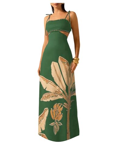 Image of SOLY HUX Women's Summer Maxi Dress Boho Print Tie Shoulder Spaghetti Strap Cut Out Tie Back Cami Dresses Sundress