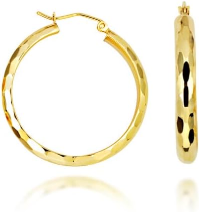 Solid 14K Yellow Gold Sparkle Cut Round Hoop Earrings for Women Girls, 4mm Thick 20-30mm Diameters