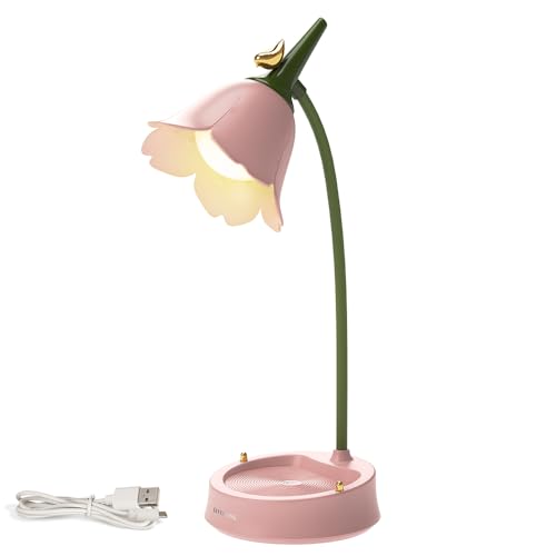 SKIKHN LED Flower Desk Lamp USB Rechargeable Desk Lamp Cordless Table Light 3 Color Modes Dimmable Touch Table Light Bedside Reading Lamps Pink Reading Light for Kids Boys Girls College Dorm Bedroom